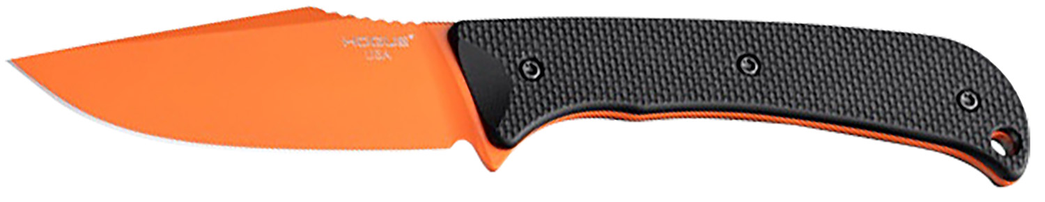 Orange fixed-blade knife with black textured handle