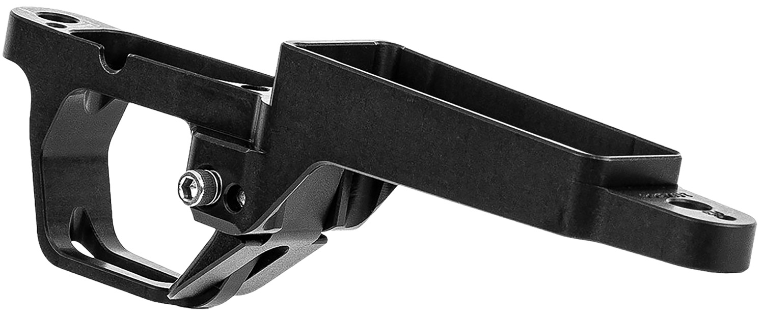Black metal mounting bracket with screws