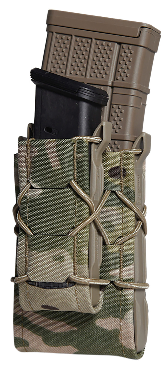 Camouflage tactical pouch holding two rifle magazines