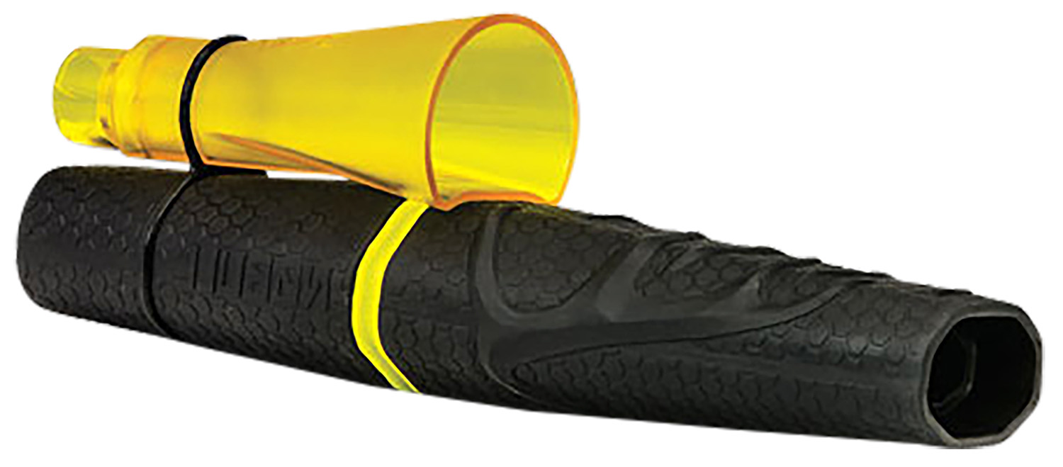 Yellow funnel attached to black textured handle