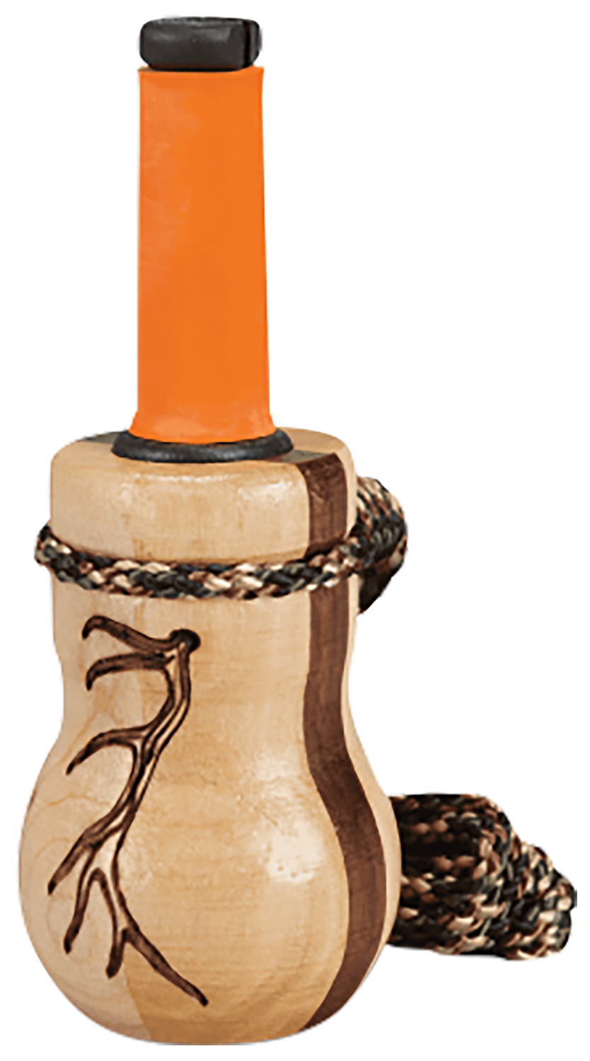 Wooden duck call with orange mouthpiece and lanyard
