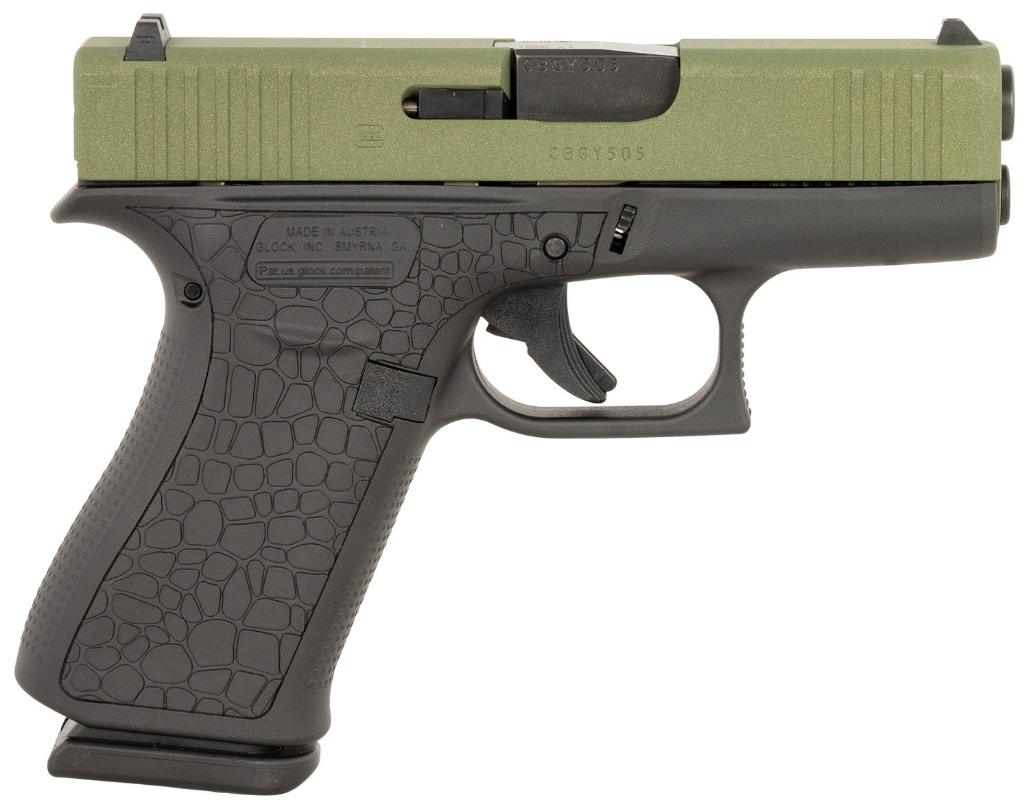 Green and black semi-automatic pistol