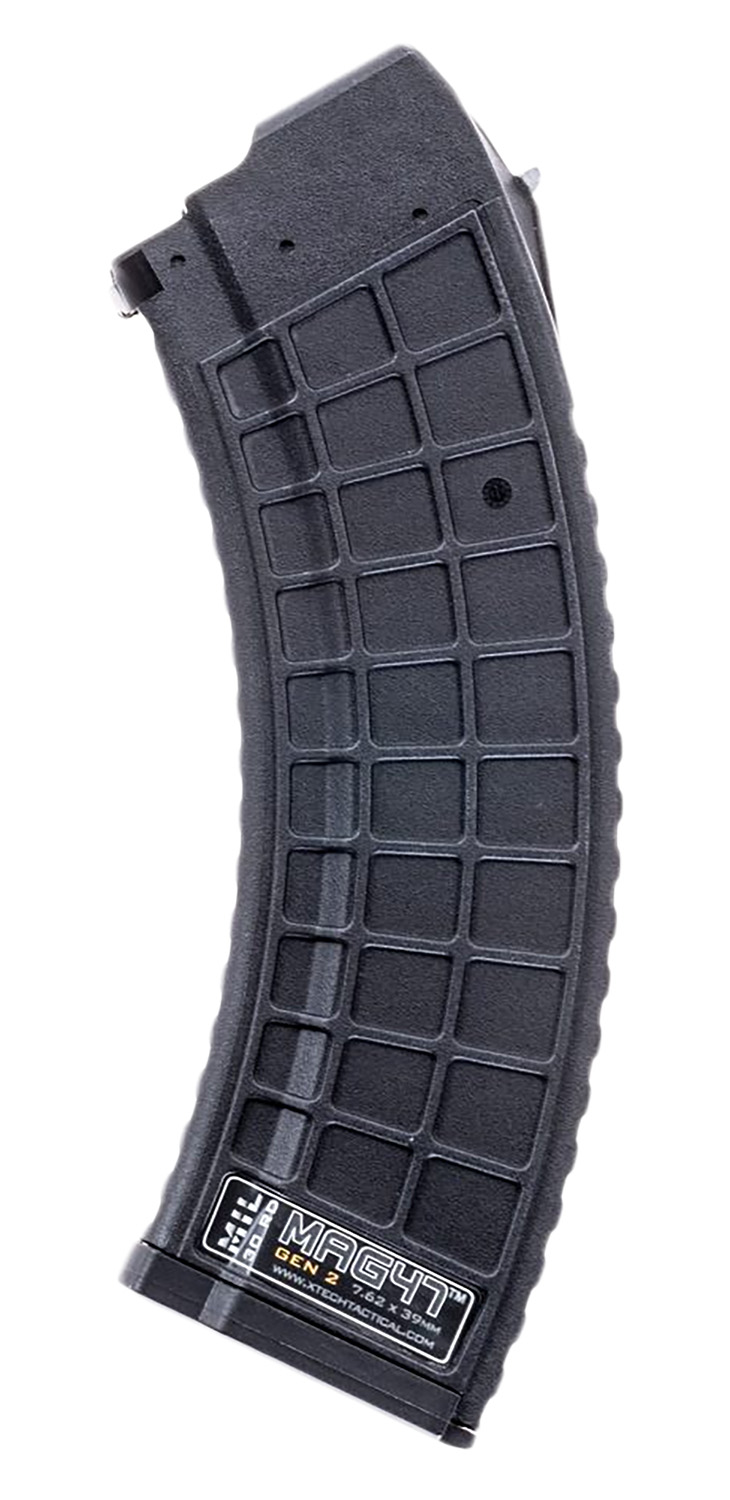 Black polymer rifle magazine on white background