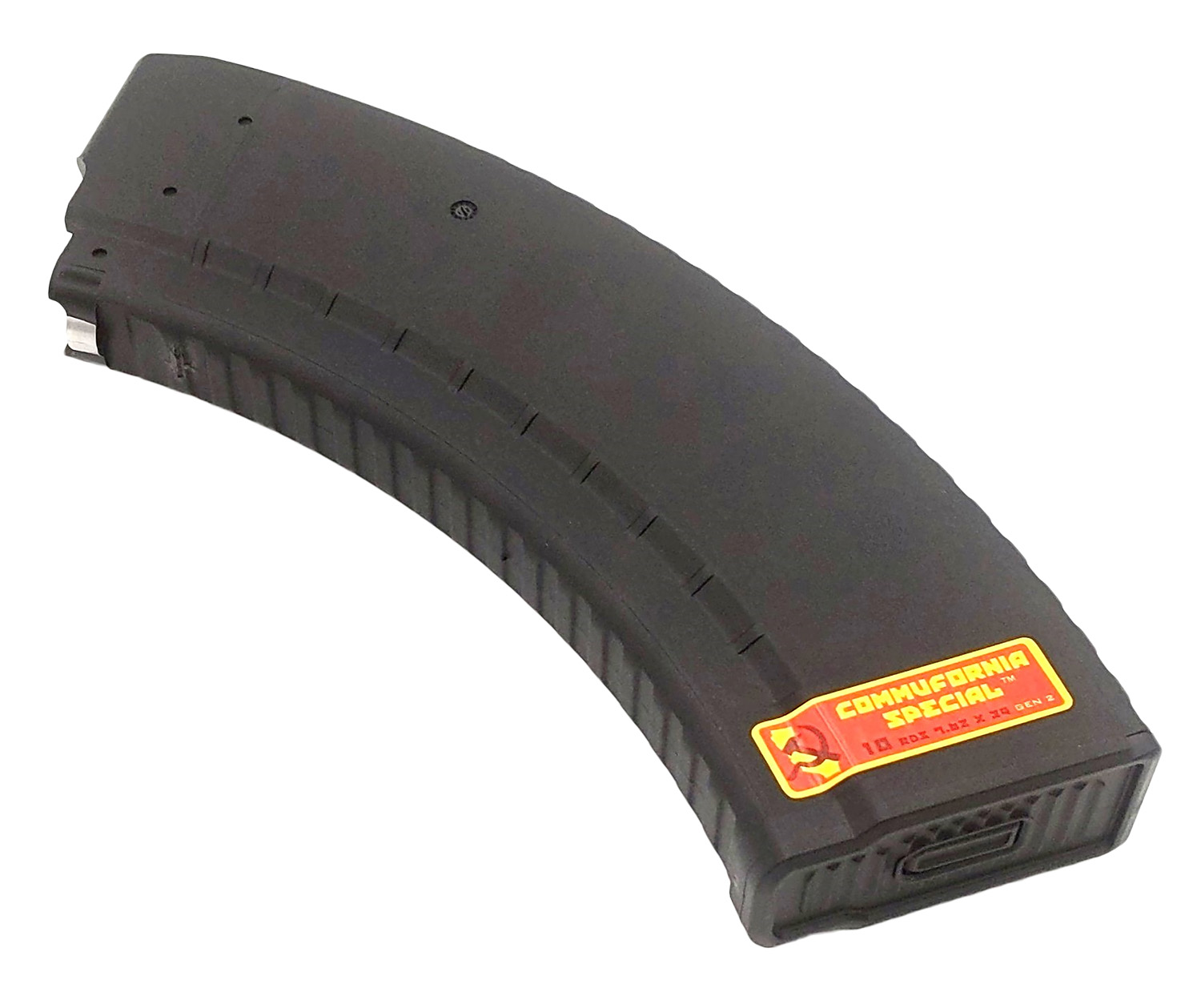 Curved black rifle magazine with orange label