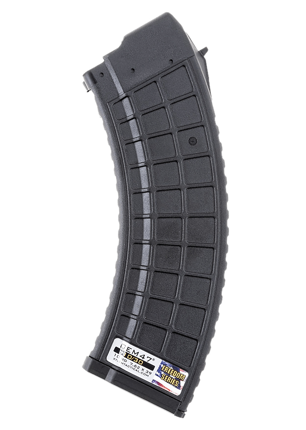 Black curved rifle magazine on white background