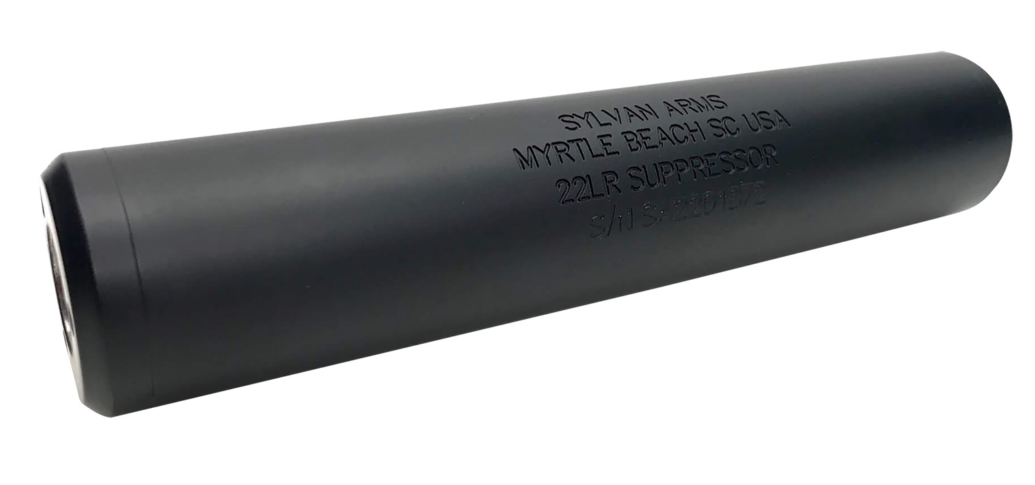 Black cylindrical 22LR firearm suppressor