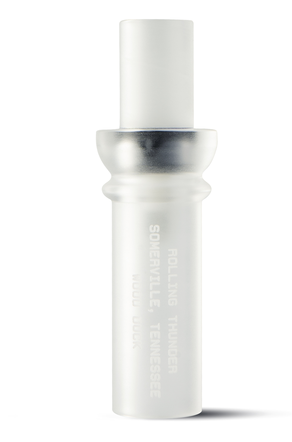 White and silver wood duck call on white background