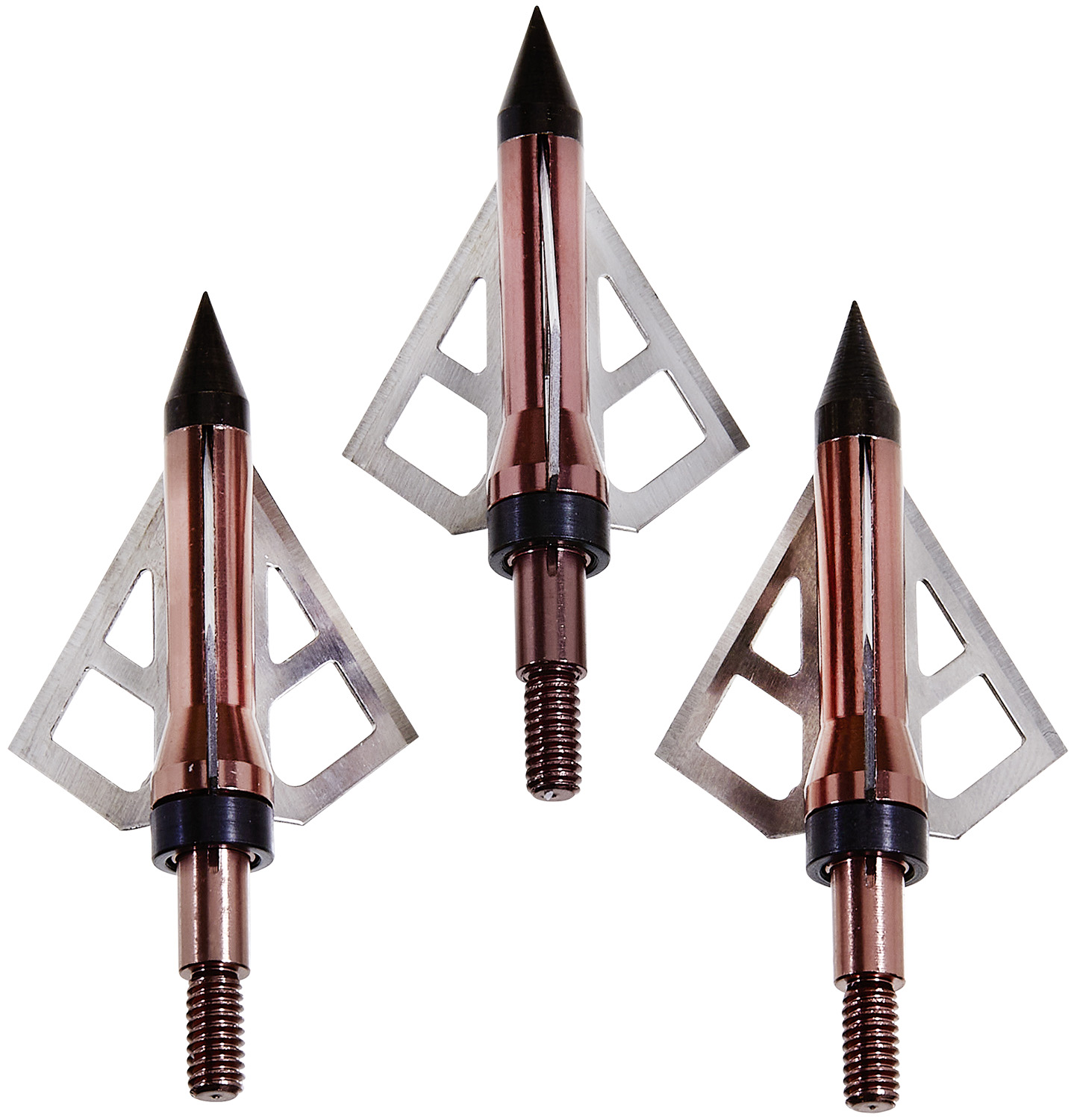 Three metal broadhead arrow tips on white background
