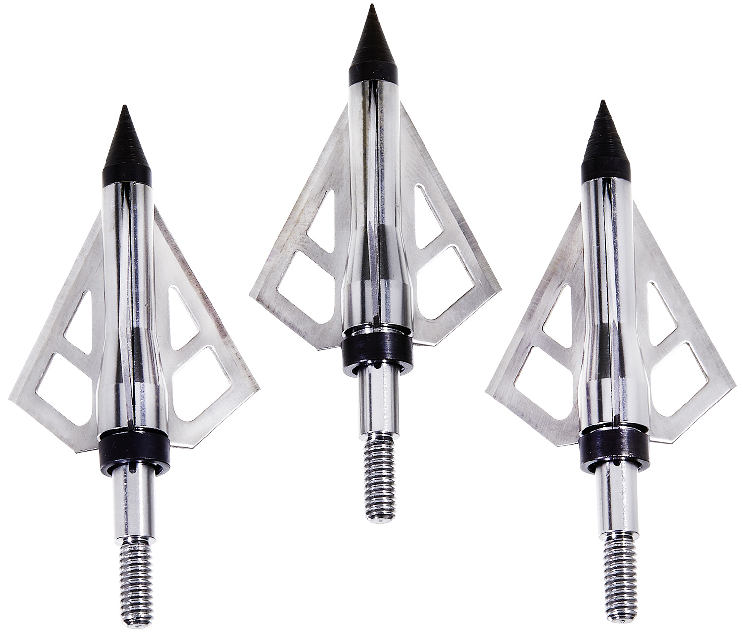 Three metal broadhead arrowheads on white background