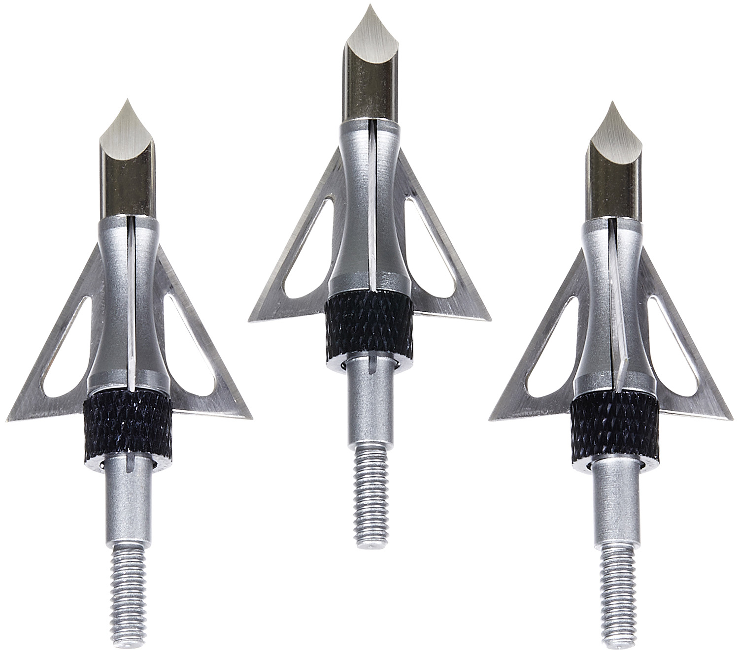 Three metal broadhead arrowheads on white background
