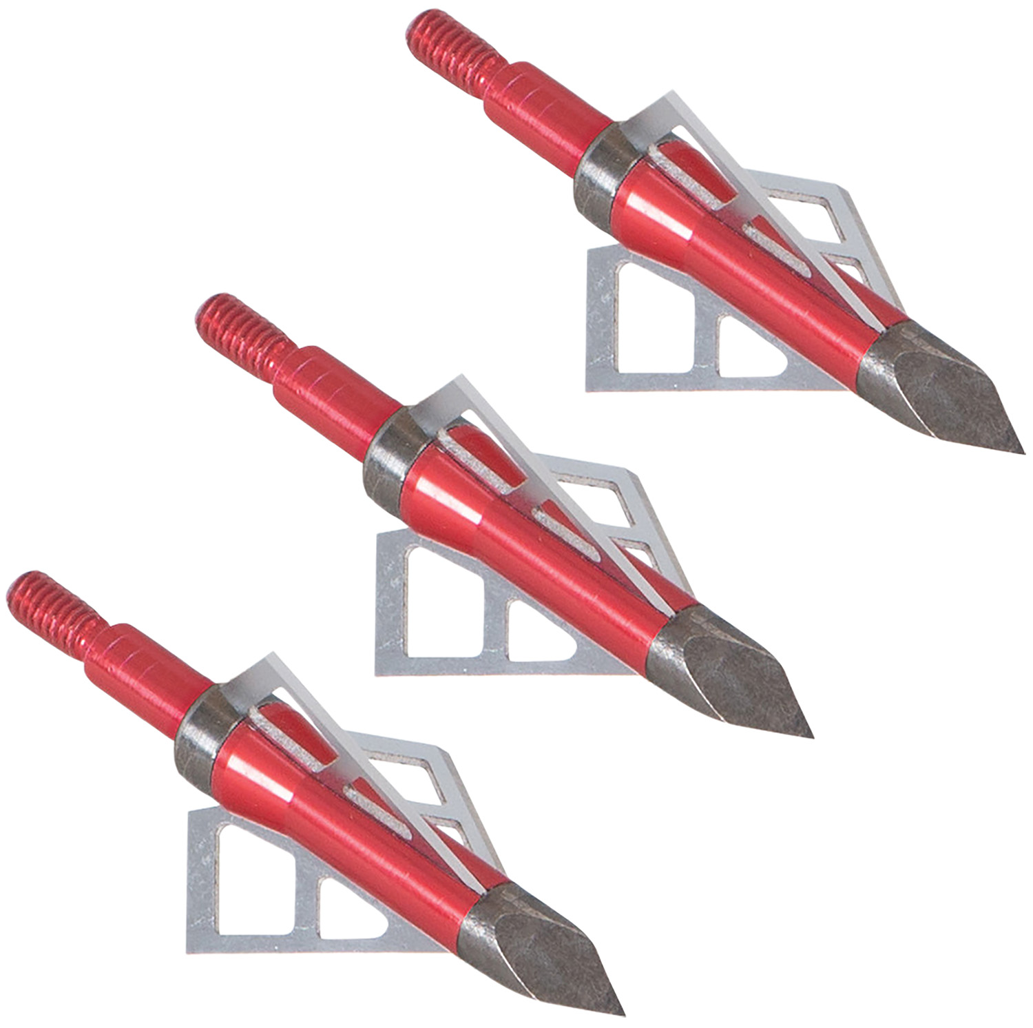 Three red broadhead arrowheads with metal blades