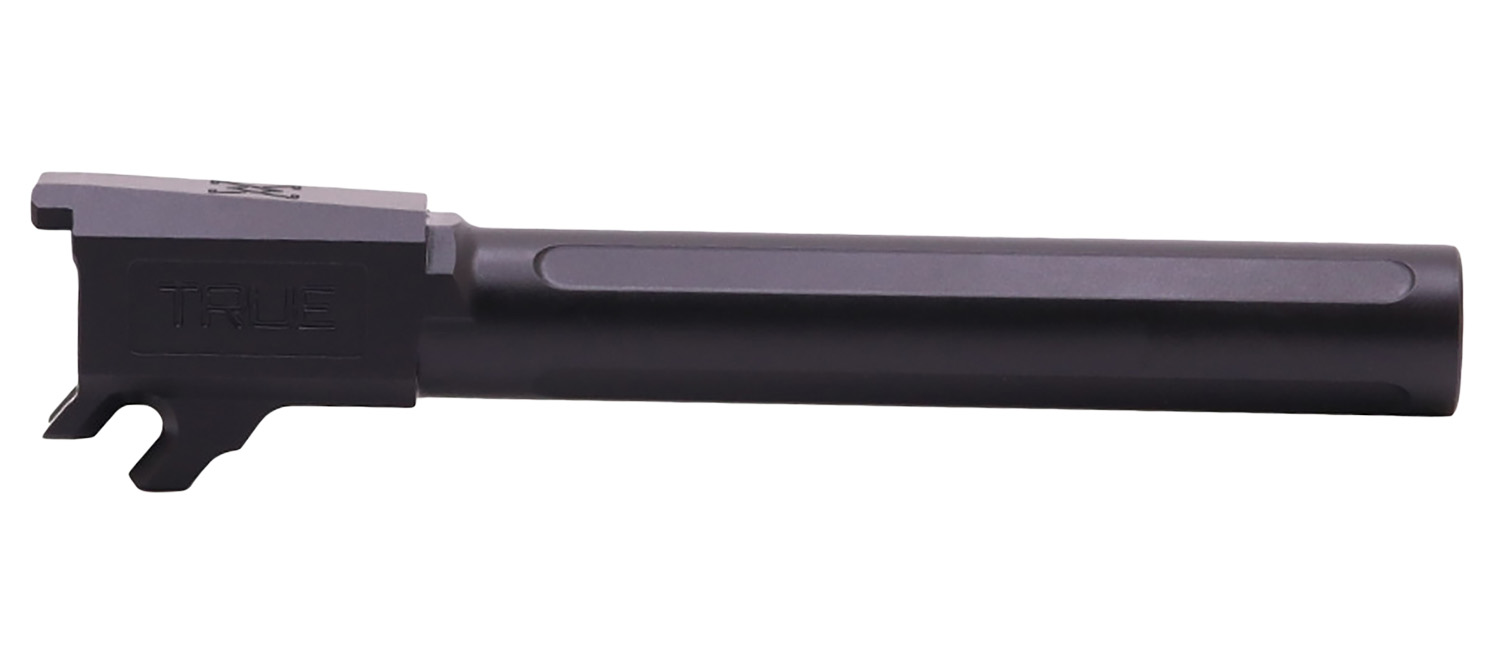 Black handgun barrel with TRU engraving