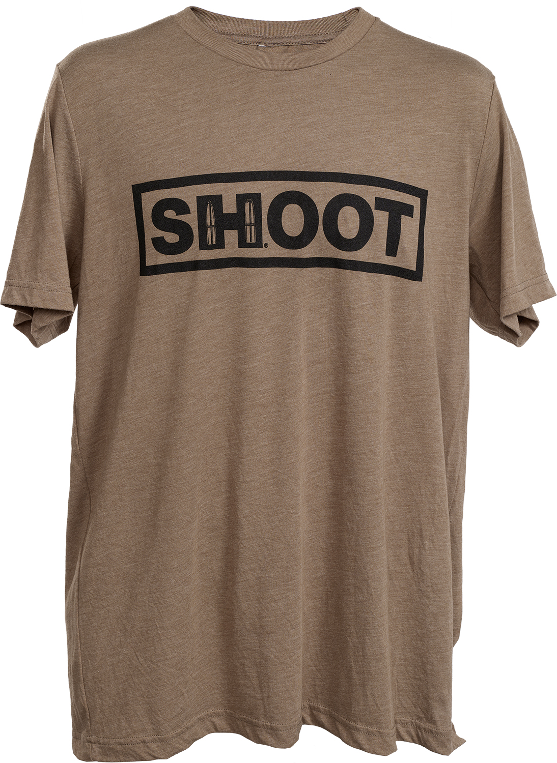 Brown T-shirt with SHOOT bullet graphic