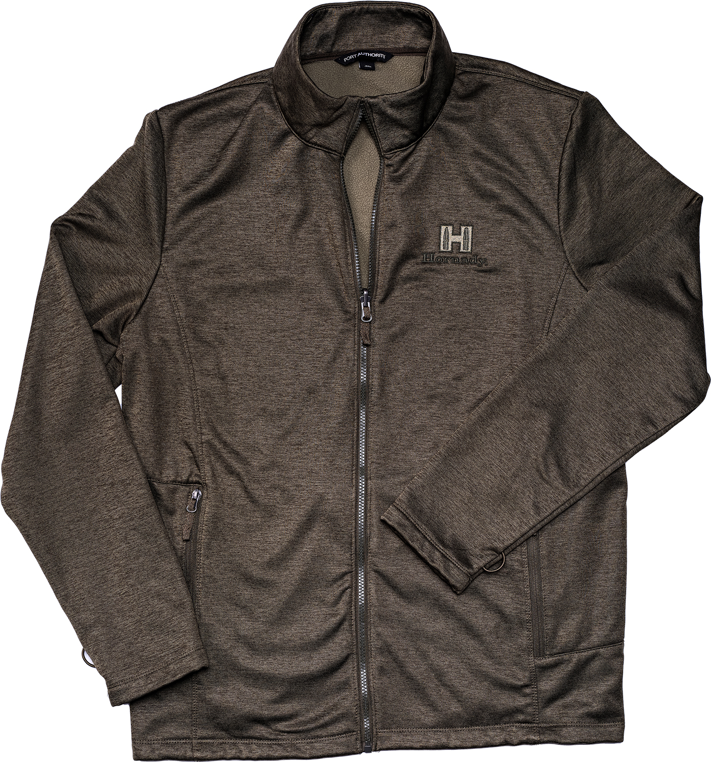 Brown zip-up performance jacket with embroidered logo