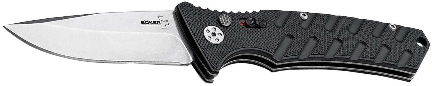 Black folding pocket knife with textured handle