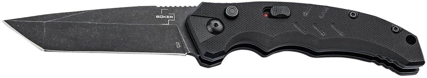 Black folding pocket knife with tanto blade