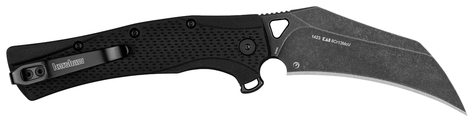 Black Kershaw folding knife with curved blade