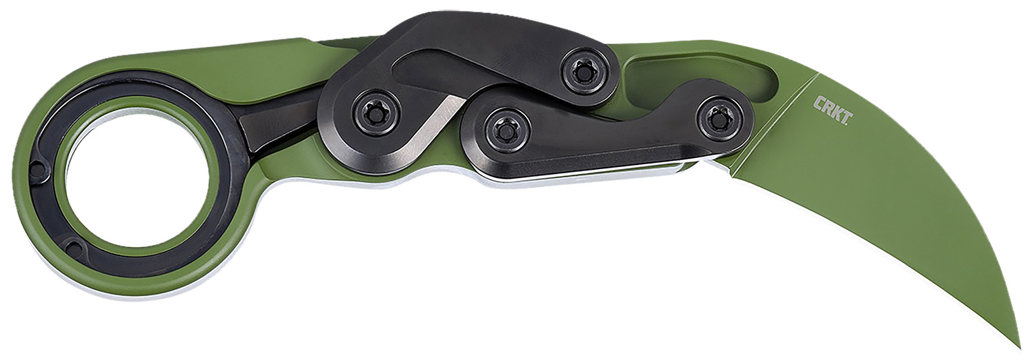 Green CRKT folding karambit knife on white background