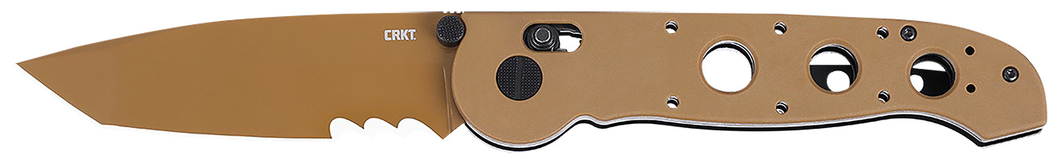 Tan CRKT folding knife with serrated blade