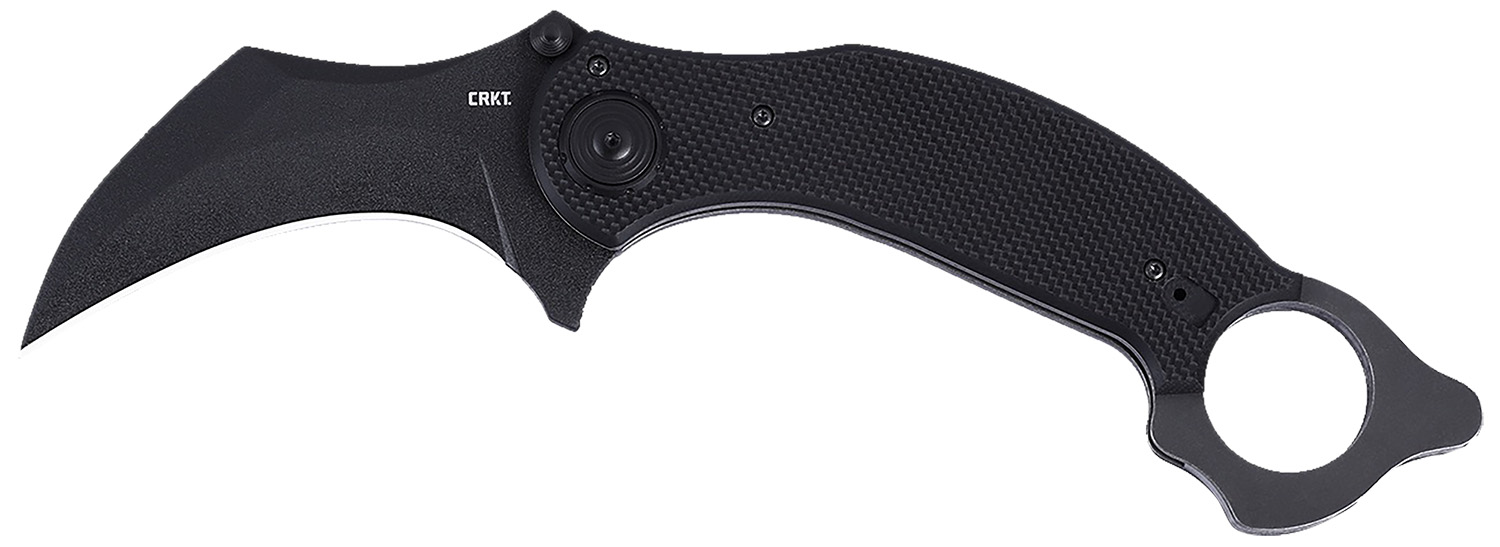 Black karambit folding knife with curved blade