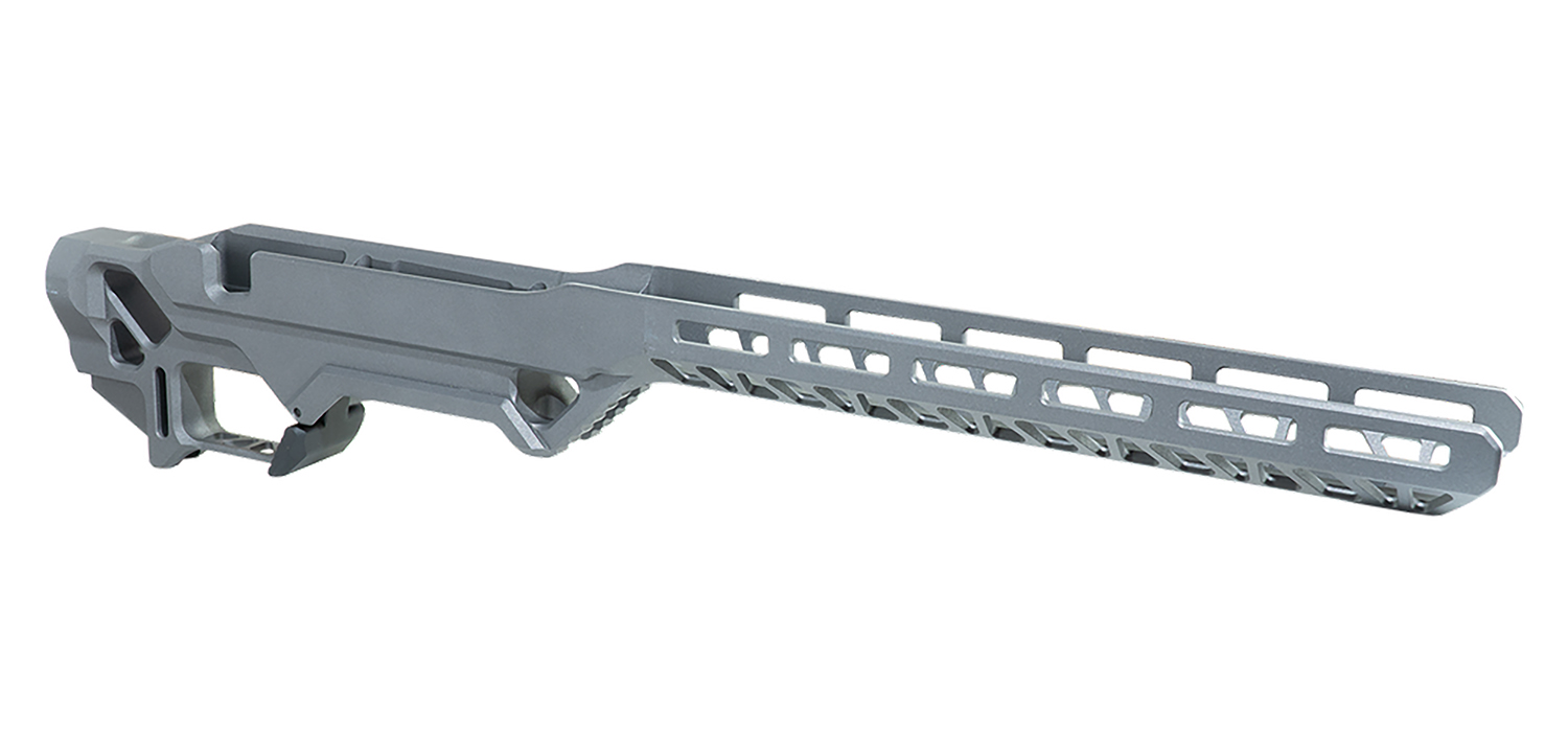 Gray tactical rifle chassis with adjustable stock