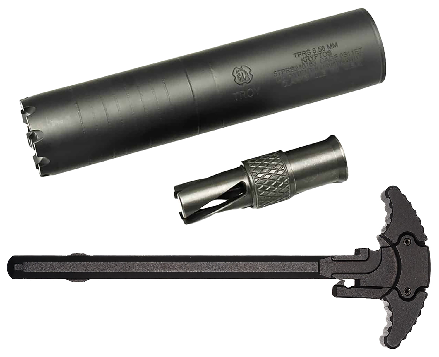 Firearm suppressor, flash hider, and charging handle
