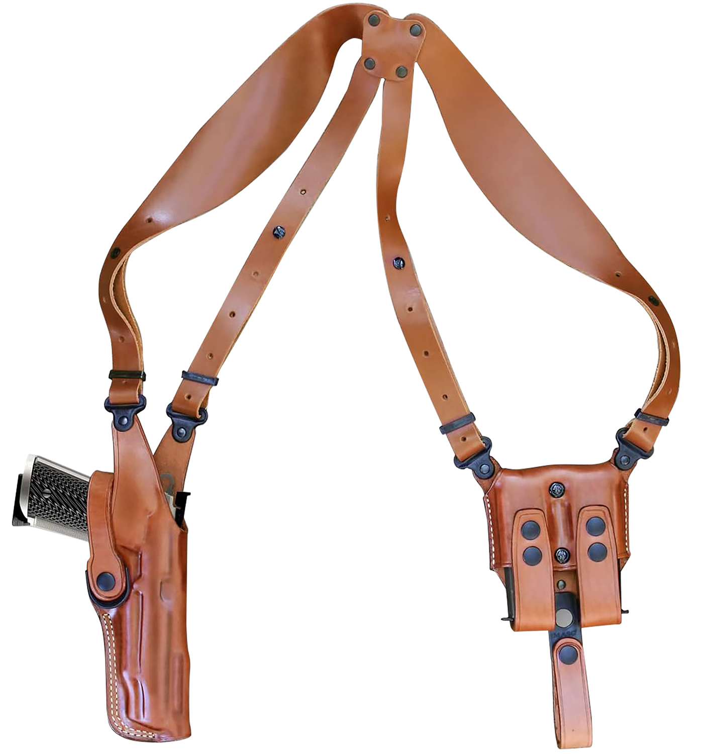 Leather shoulder holster with handgun and straps