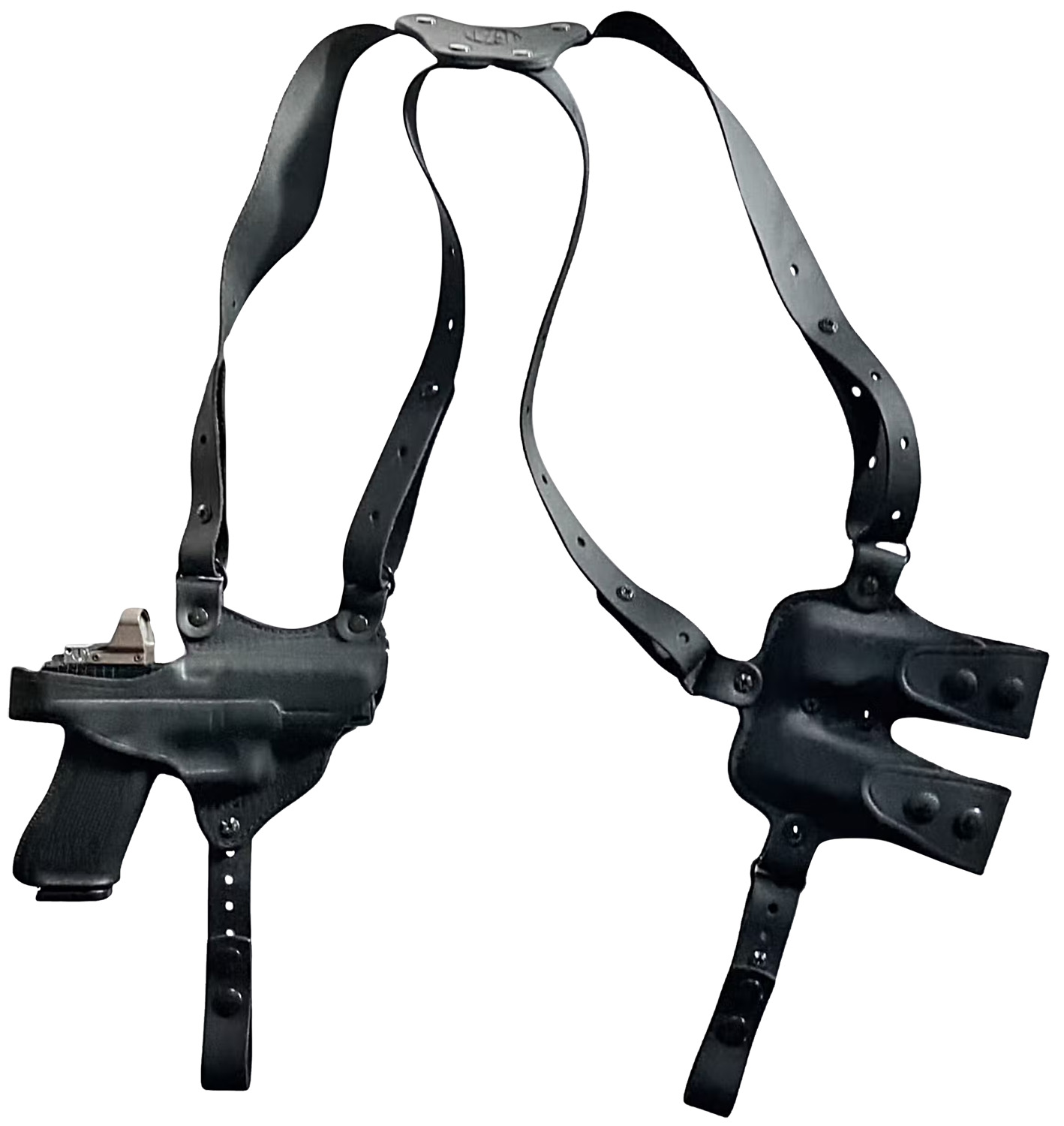 Black leather shoulder holster with handgun