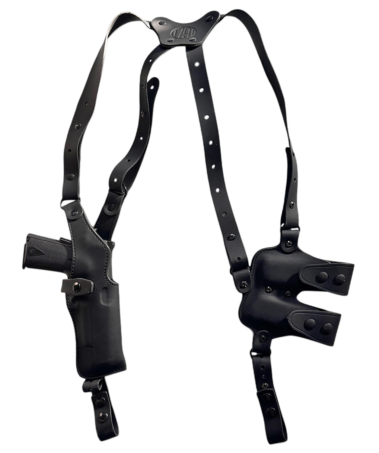 Black leather shoulder holster with handgun and straps