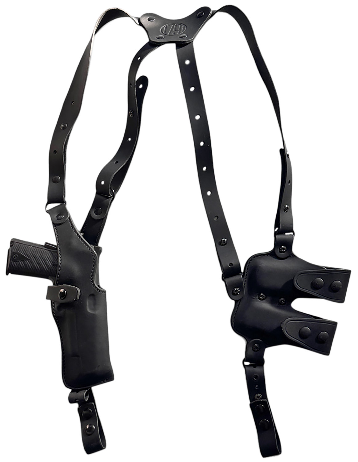 Black leather shoulder holster with handgun and magazine pouch