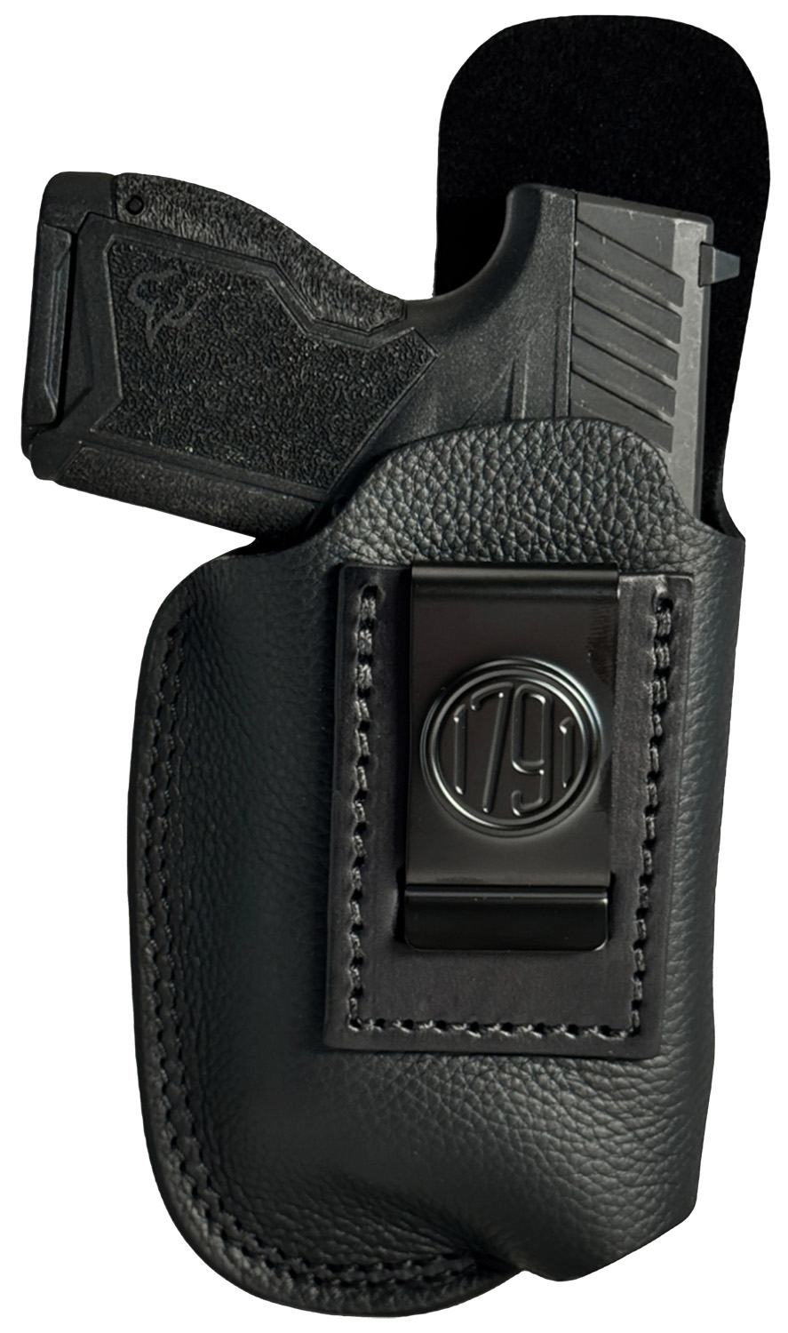 Black handgun in leather holster with belt clip