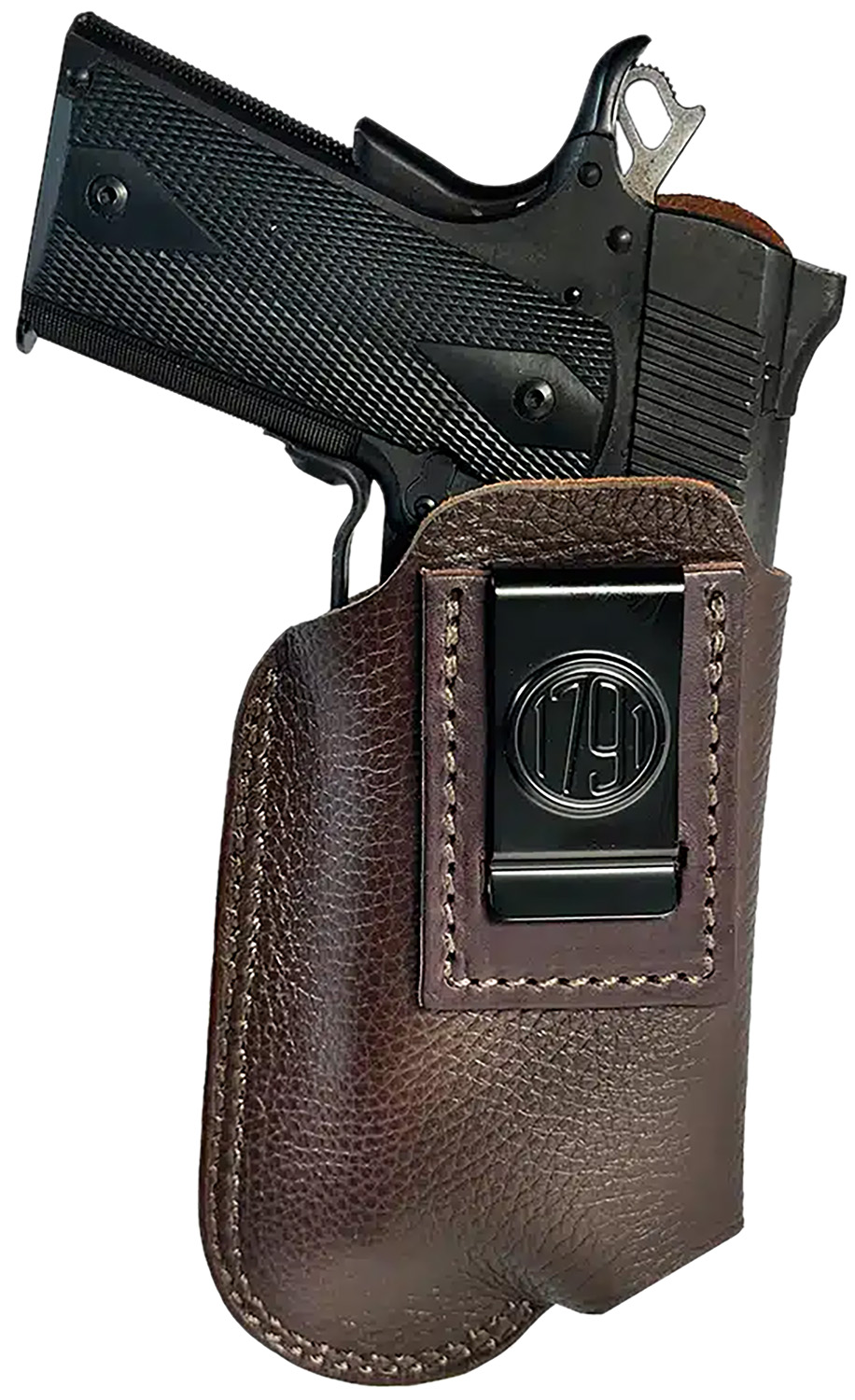 Black handgun in brown leather holster