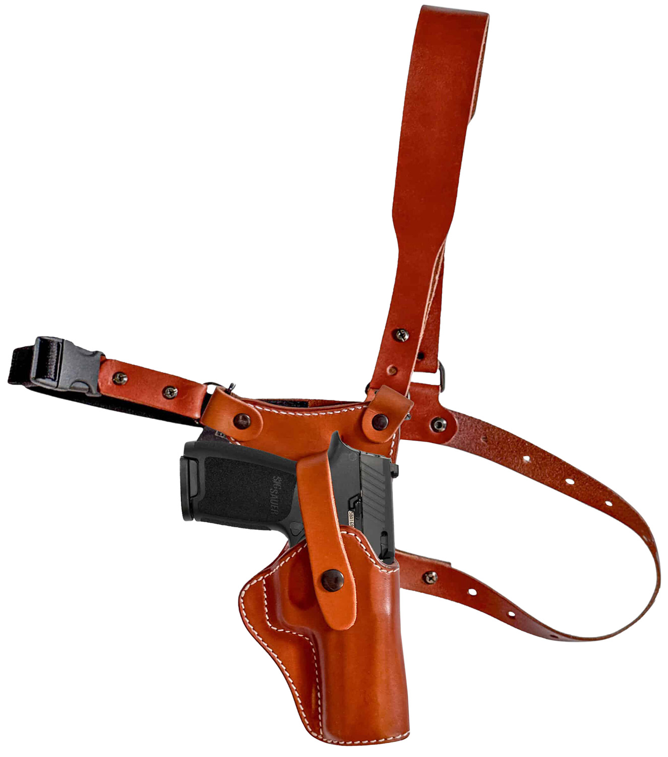 Brown leather shoulder holster with handgun