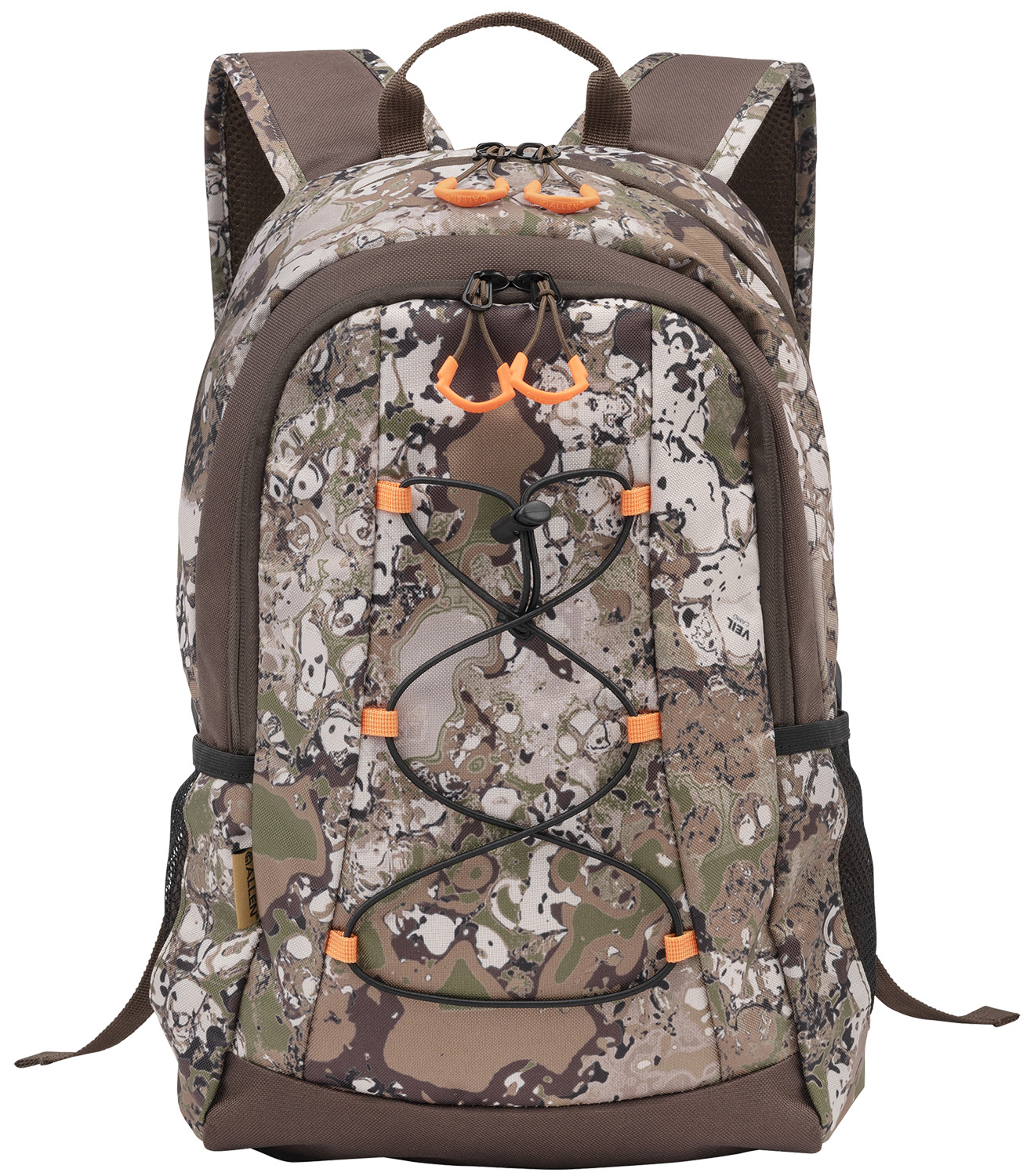 Camouflage backpack with orange accents and front bungee cord