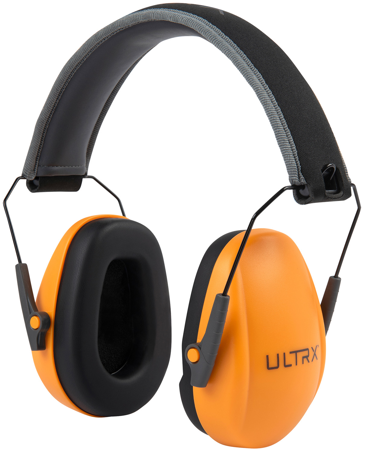 Orange and black over-ear hearing protection earmuffs