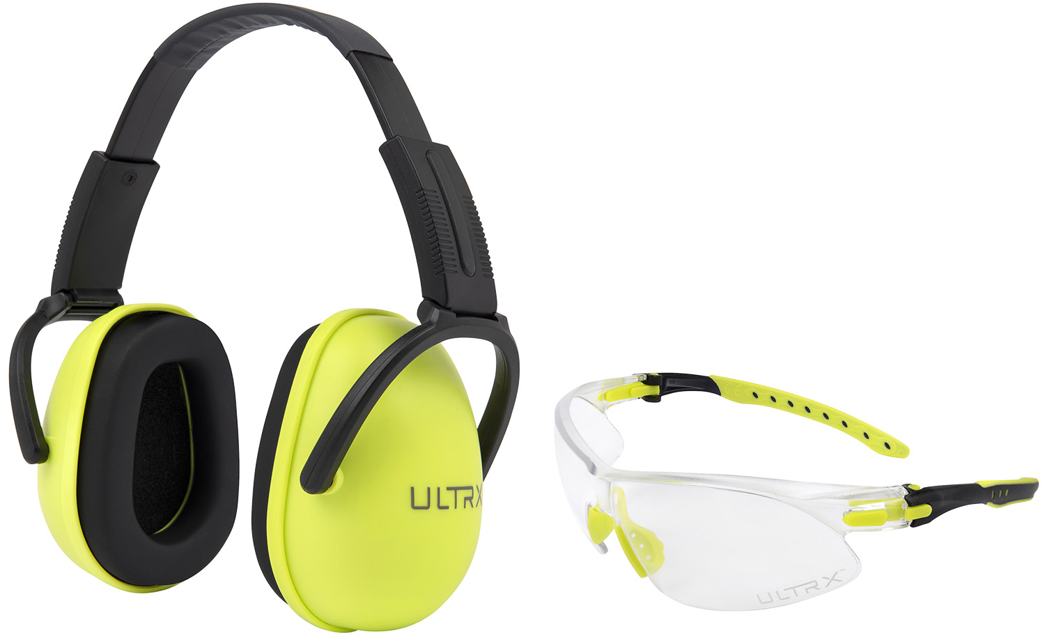 Neon yellow earmuffs and clear safety glasses
