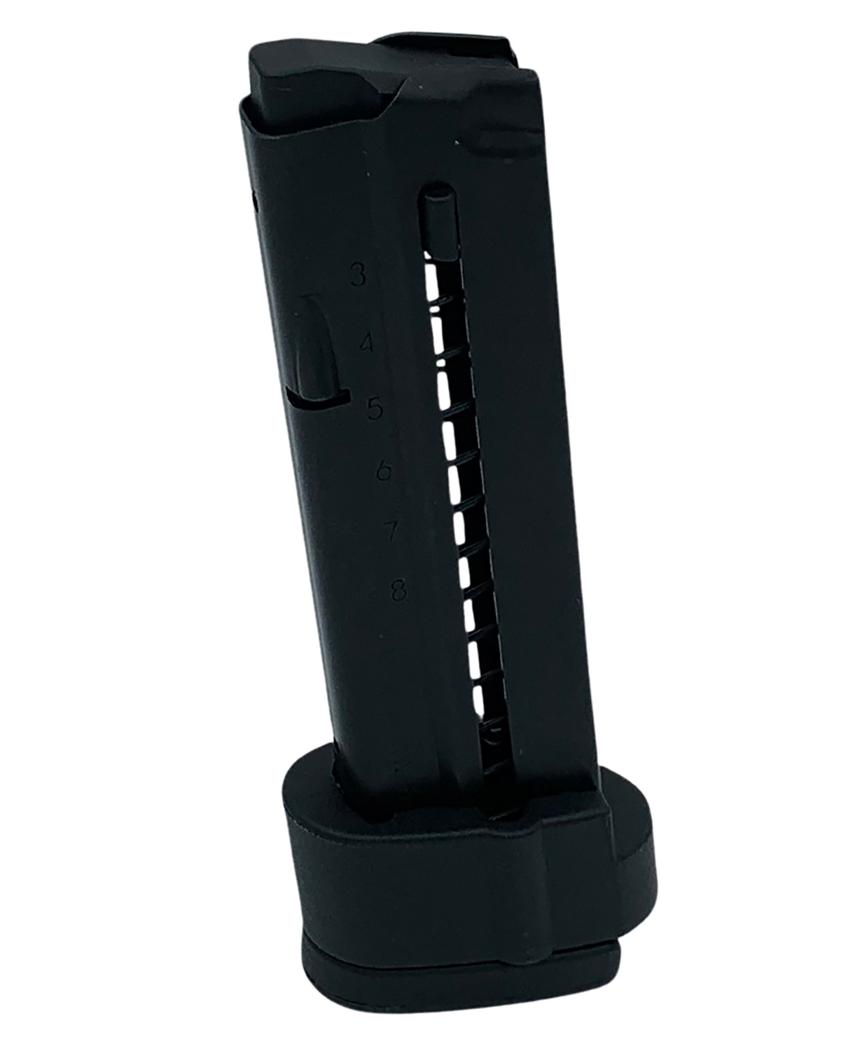 Black handgun magazine with visible round count markings