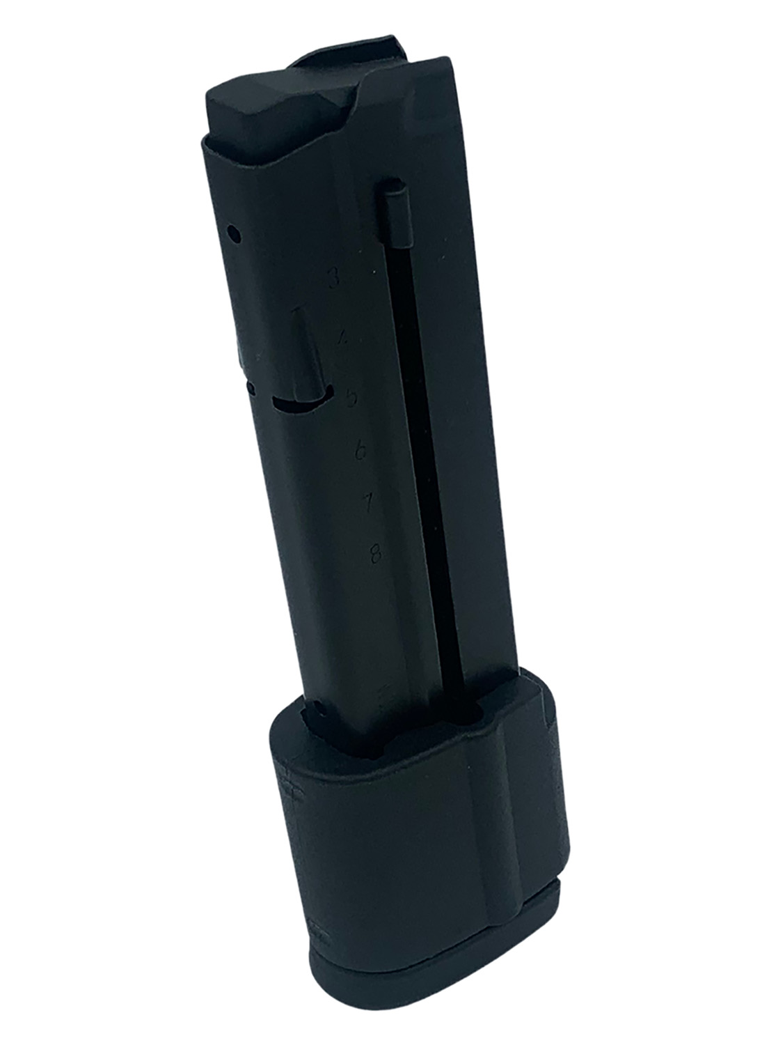 Black handgun magazine with extended base plate