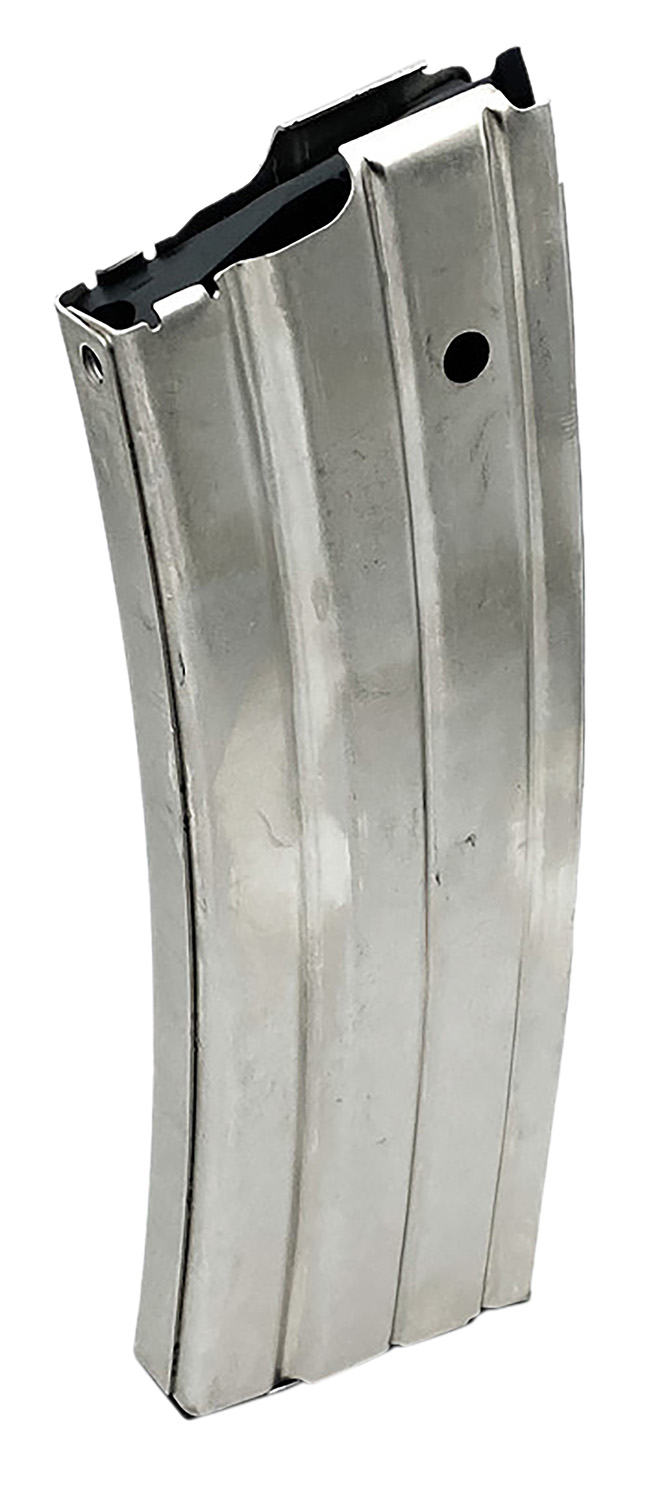 Metal rifle magazine on white background