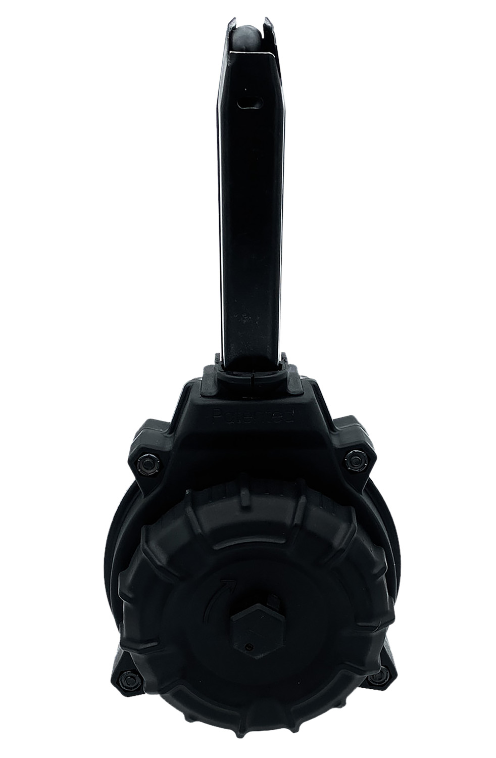 Black drum magazine with extended stick attachment