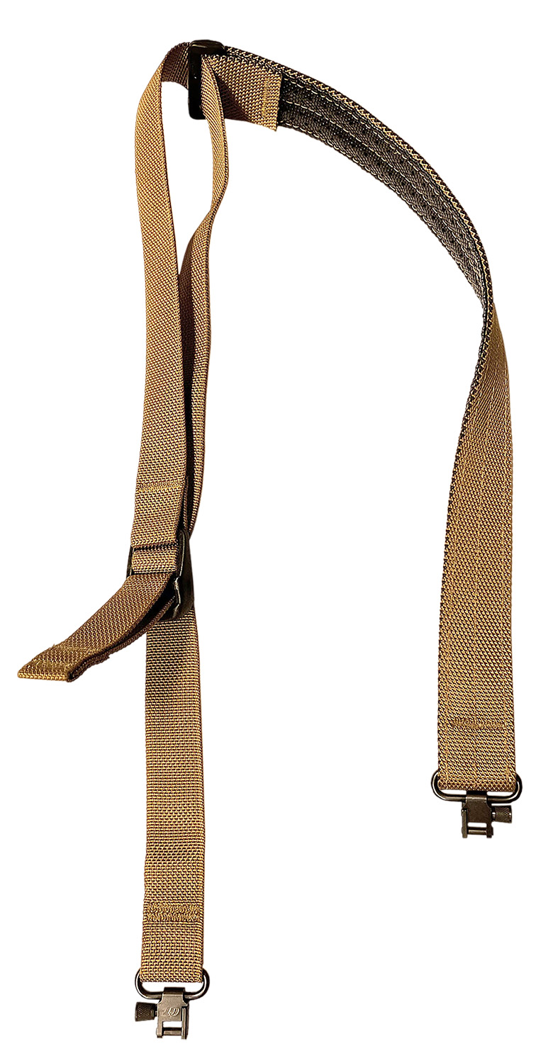 Adjustable tan nylon strap with metal clips