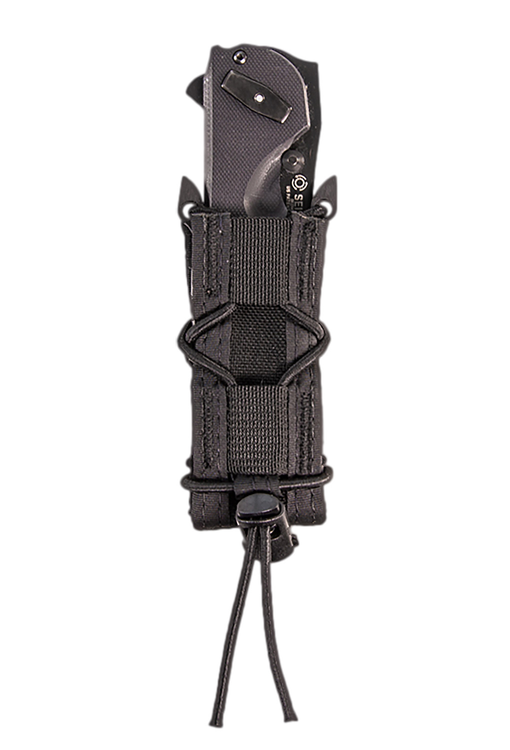 Black folding knife in tactical nylon sheath