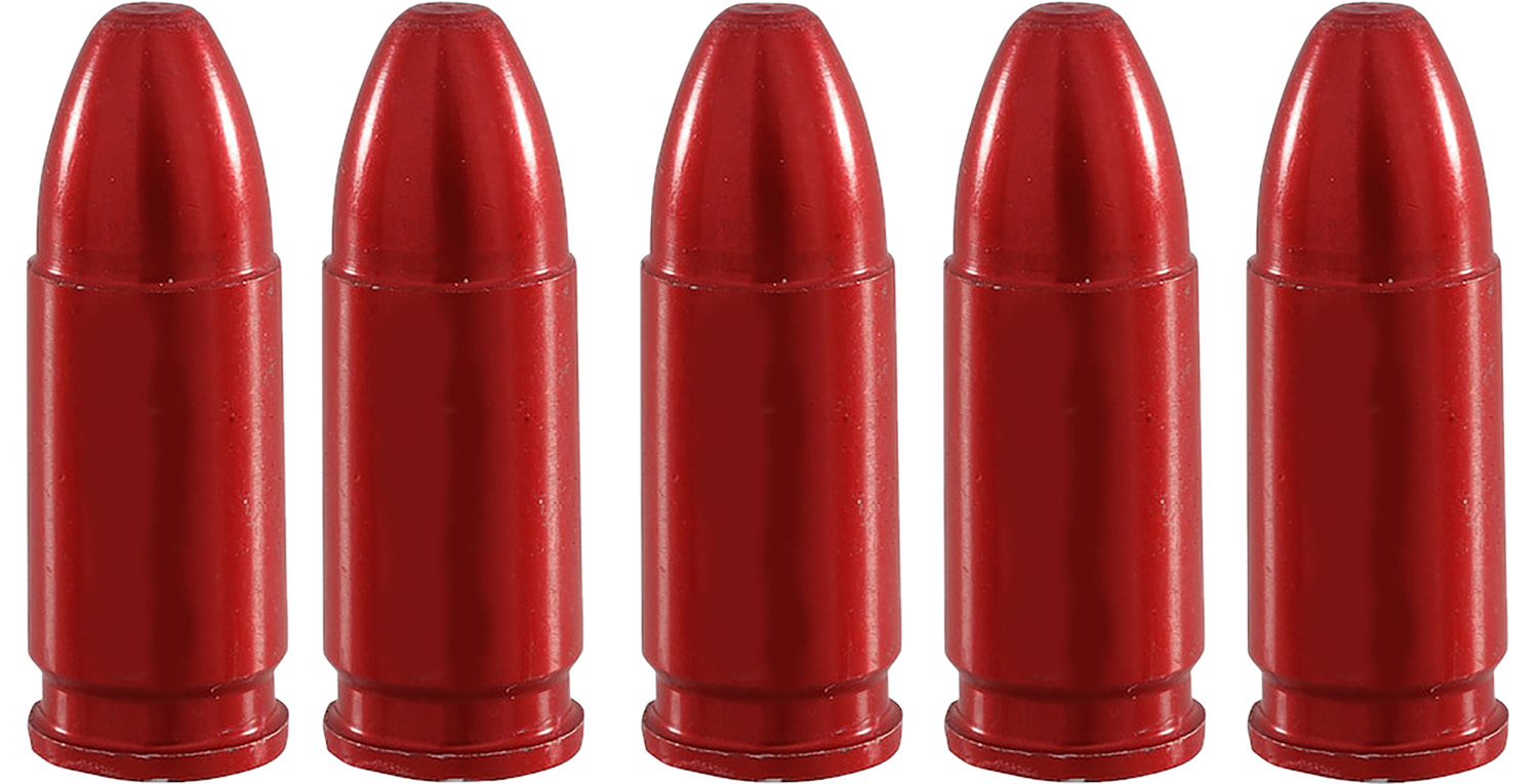Five red plastic bullet-shaped cartridges on white background