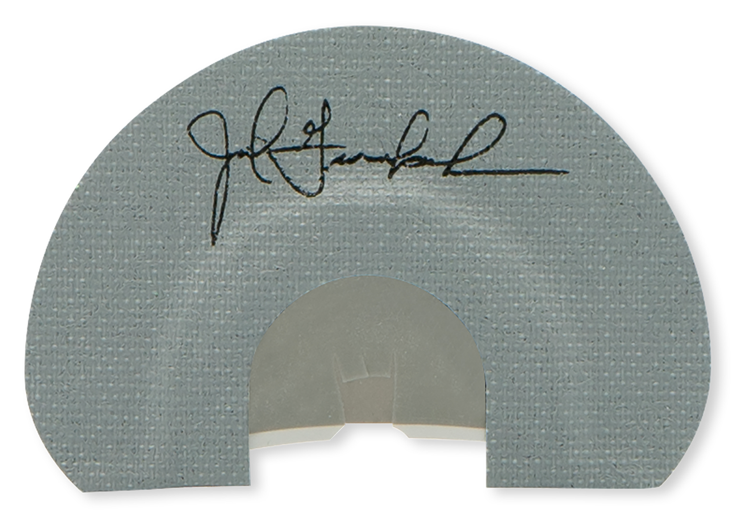 Semicircular fabric patch with black signature