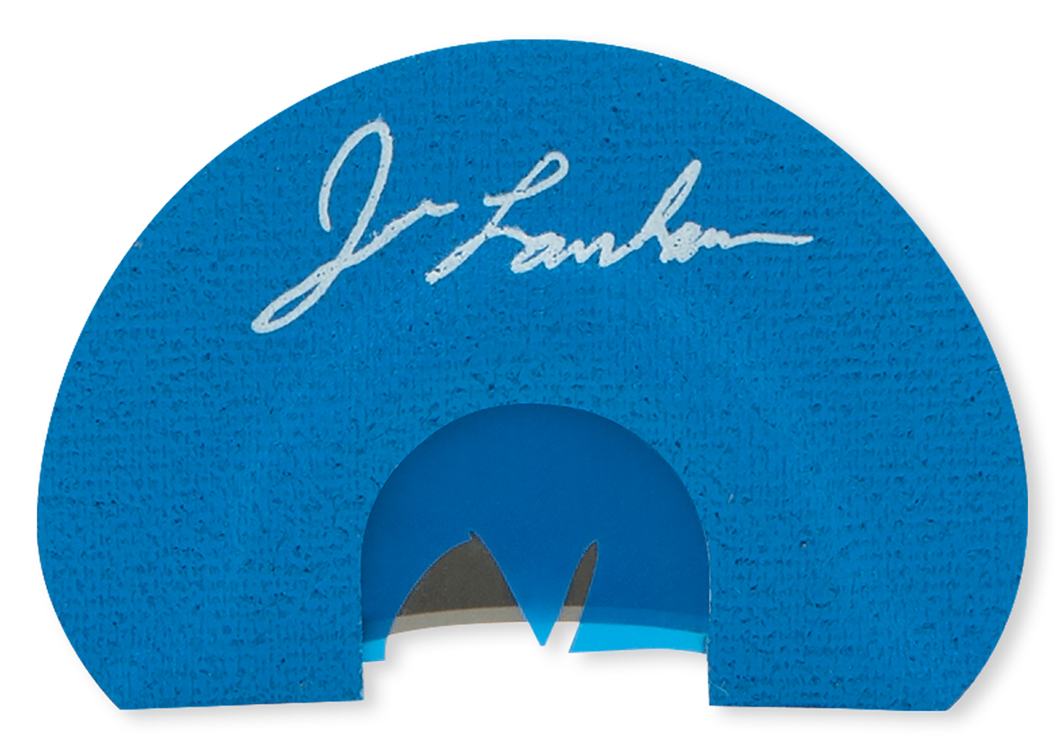 Blue semicircular pad with white signature