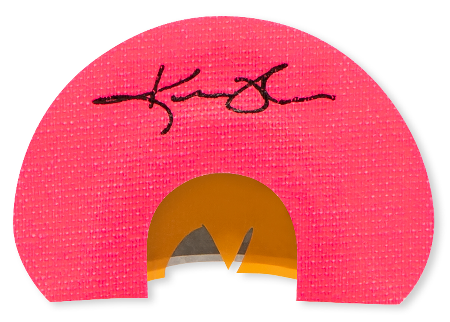 Pink semicircular pencil sharpener with black signature