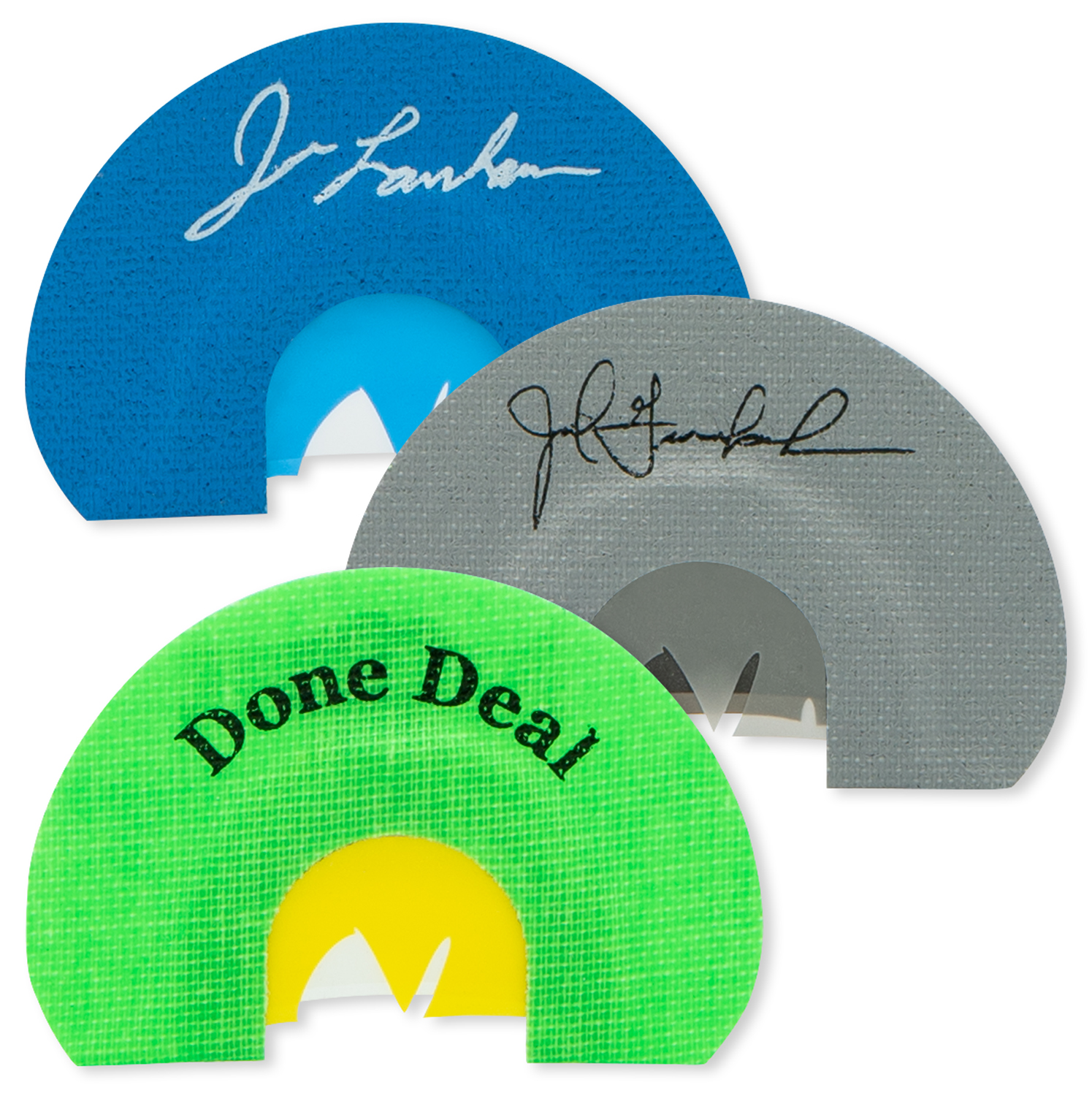 Three colorful turkey diaphragm calls with signatures