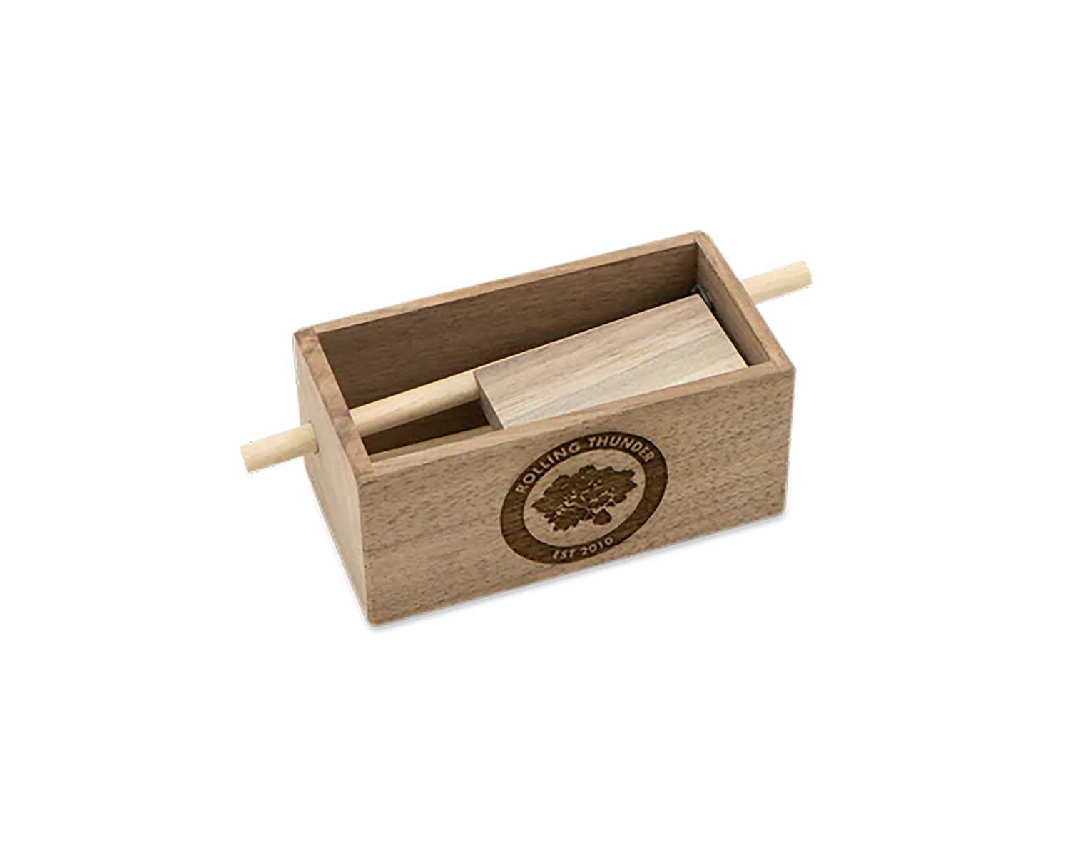 Handcrafted wooden rolling box with sliding mechanism
