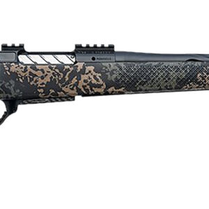 Camouflage bolt-action hunting rifle on white background