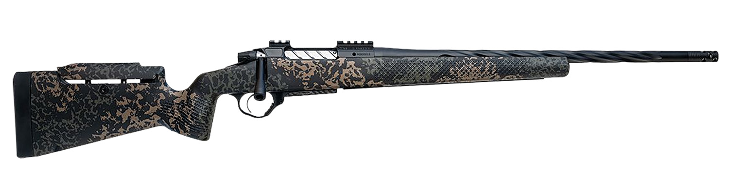 Camouflage bolt-action hunting rifle on white background